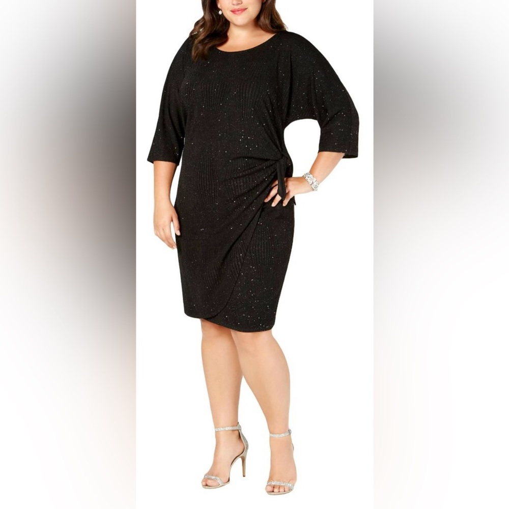 Signature with Robbie Bee Plus Size Black Glitter Faux Wrap Formal Party Dress